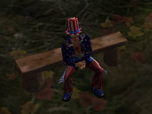 That's his Uncle Sam costume. The patchy bits are a rendering error on my end.